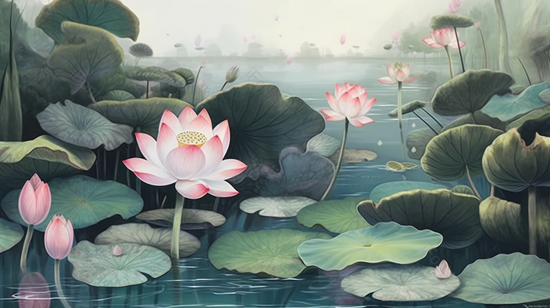 夏季池塘里盛开的睡莲,插画/手绘图,插画/手绘图库,插画/手绘图下载,插画/手绘